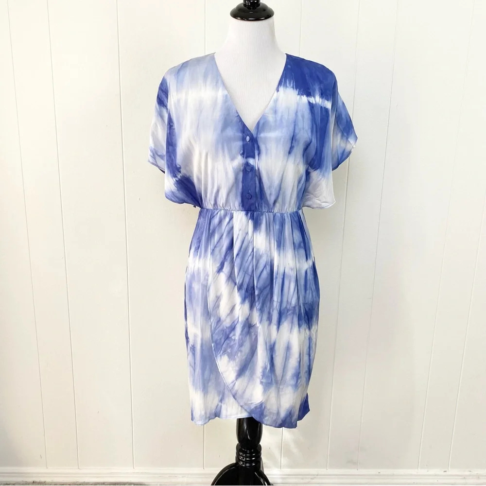 Alice + Olivia Size XS Silk Tie Dye Cloud Print‎ Flowy Button Dress Blue White
